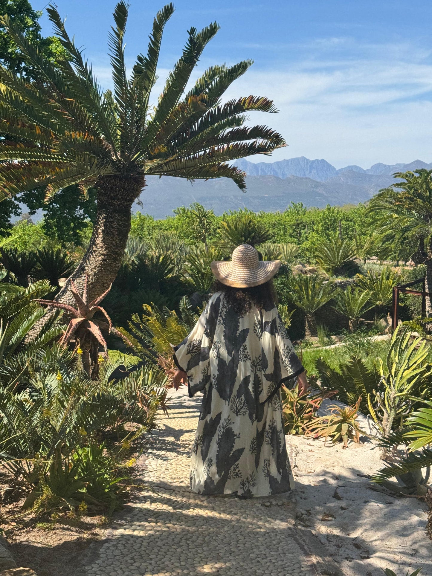 Person walking through a tropical garden with palm trees and mountains in the background