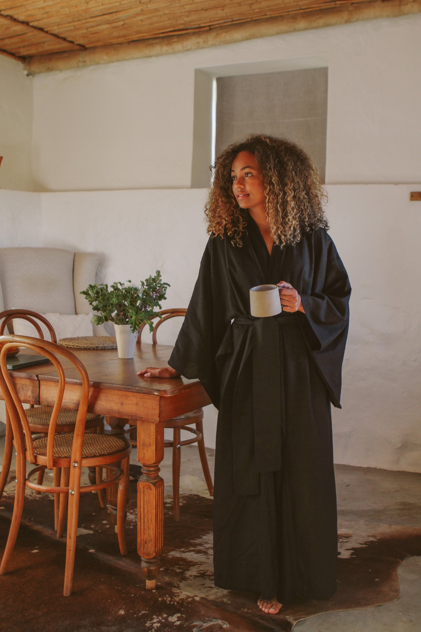 Black Linen Blend Kimono