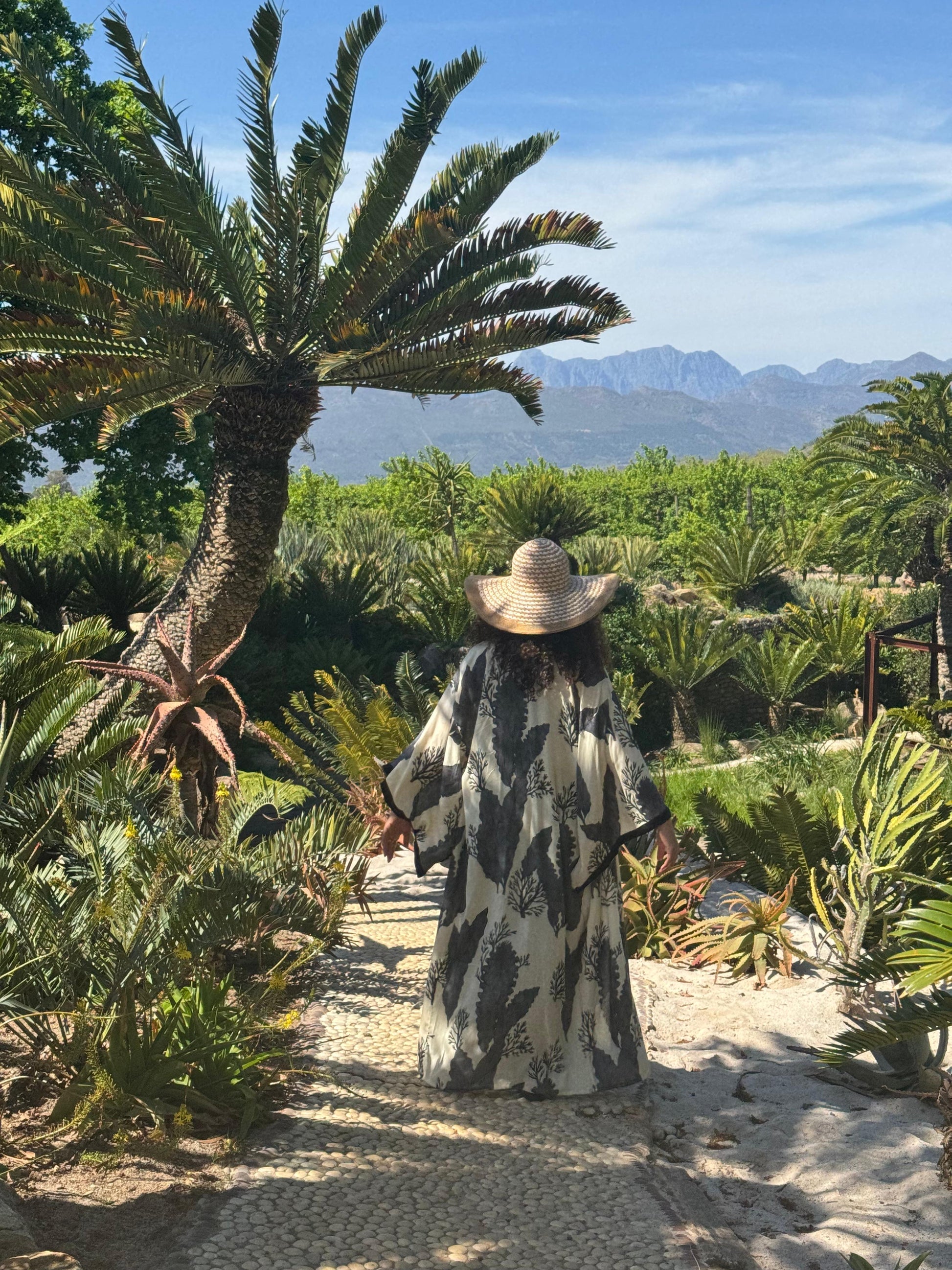 Person walking through a tropical garden with palm trees and mountains in the background